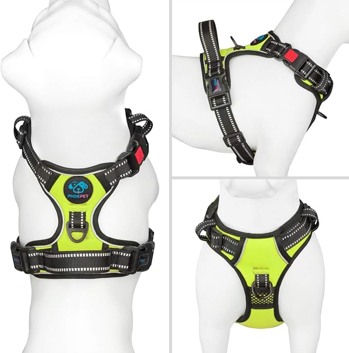 No Pull Dog Harness Medium Reflective Front Clip Vest with Handle | Adjustable 2 Metal Rings 3 Buckles ,[Easy to Put on & Take off](M, Green)
