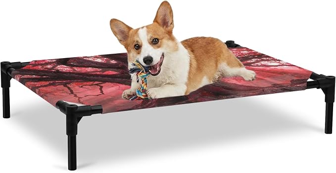 Outdoor Elevated Dog Bed for Large Dogs, Red Trees Breathable Cooling Raised Dog Cot for Indoor/Outdoor, Country Forest Branches Nature Light View Waterproof Elevated Pet Beds, L 28 x 22 in