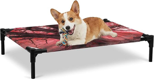 Outdoor Elevated Dog Bed for Large Dogs, Red Trees Breathable Cooling Raised Dog Cot for Indoor/Outdoor, Country Forest Branches Nature Light View Waterproof Elevated Pet Beds, L 28 x 22 in