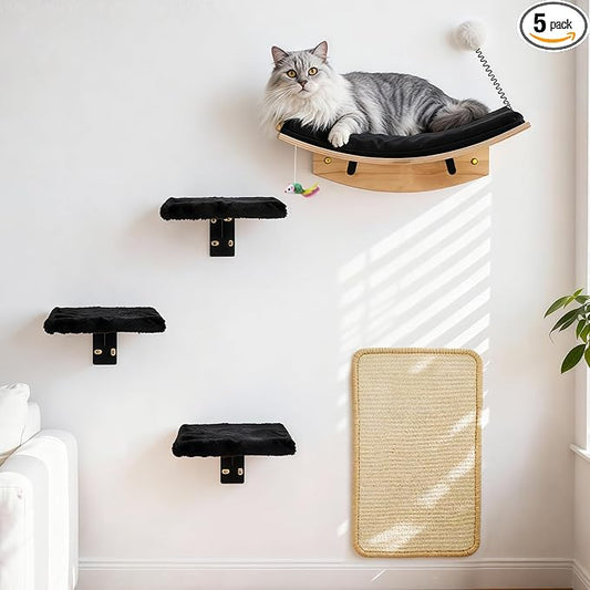Wooden Cat Wall Shelves and Perches, 5 Piece Wall Mounted Cat Furniture System with Soft Washable Pads, Modern & Space-Saving Design for Climbing and Play