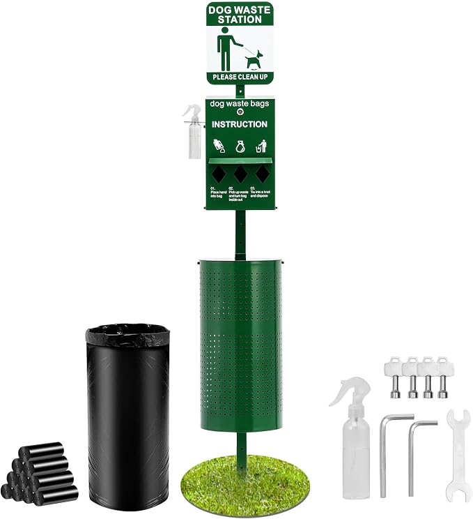 VEVOR Dog Waste Station, 11.5 Gallon Pet Waste Station with Hand Wash Bottle, Lockable Bag Dispenser, 50 Can Liners & 600 Waste Bags, Outdoor Pet Poop Station for Commercial Use, Parks, Backyard