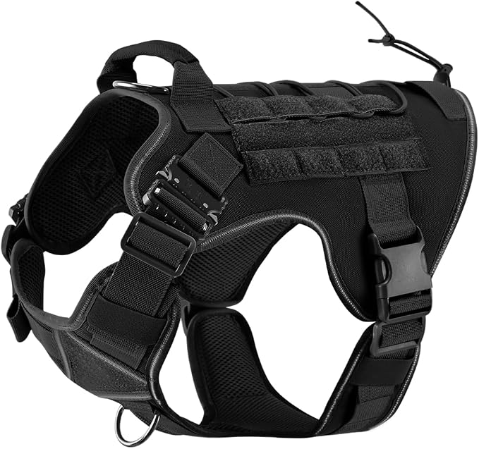 Tactical Dog Harness, Military Reflective Dog Harness | 2X Metal Buckle，Hidden Airtag Holder and Handle, Adjustable No-Pull Service Dog Vest with Molle & Loop Panels