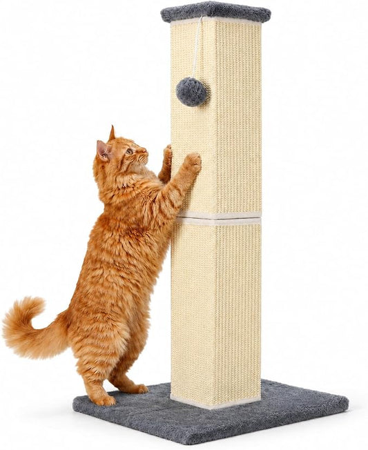 Cat Scratching Post for Large Indoor Cats & Kittens, Cat Scratcher with Extra Large Stable Base and Natural Sisal, Sturdy Cat Scratch Post to Protect Furniture & Couch, Grey, 32 Inch