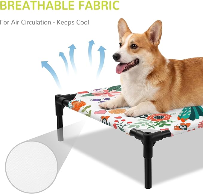 Outdoor Elevated Dog Bed for Medium Dogs, Birds Flowers Breathable Cooling Raised Dog Cot for Indoor/Outdoor, Cartoon Sunny Colorful Botanical Floral Waterproof Elevated Pet Beds, M 24 x 20 in