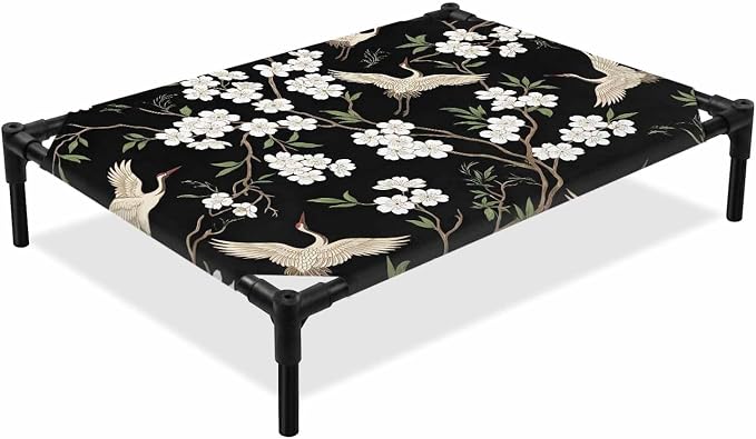 Outdoor Elevated Dog Bed for Large Dogs, Spring Floral Breathable Cooling Raised Dog Cot for Indoor/Outdoor, Branches Birds Flowers Modern Art Waterproof Elevated Pet Beds, L 28 x 22 in