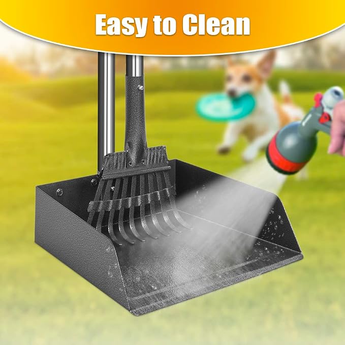 Larger Pooper Scooper for Large Dogs, Dog Pooper Scooper for Large Medium Small Dogs Long Handle Stainless Metal Tray and Rake Set Heavy Duty (Pack of 2)