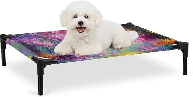 Outdoor Elevated Dog Bed for Medium Dogs, Spring Tree Breathable Cooling Raised Dog Cot for Indoor/Outdoor, Forest Sunbeams Floral Botanical Waterproof Elevated Pet Beds, M 24 x 20 in