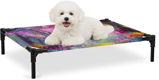 Outdoor Elevated Dog Bed for Medium Dogs, Spring Tree Breathable Cooling Raised Dog Cot for Indoor/Outdoor, Forest Sunbeams Floral Botanical Waterproof Elevated Pet Beds, M 24 x 20 in