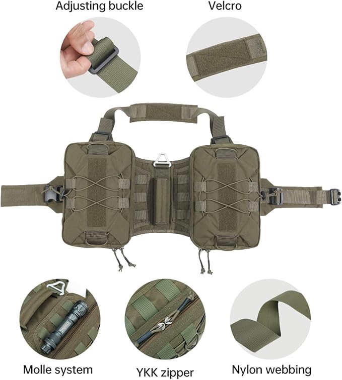 EXCELLENT ELITE SPANKER Nylon Dog Backpack with 2 Side Pockets for Hiking | Adjustable Tactical Dog Pack Hound Saddle Bag Harness for Medium & Large Dog Traveling Camping Walking Training Running
