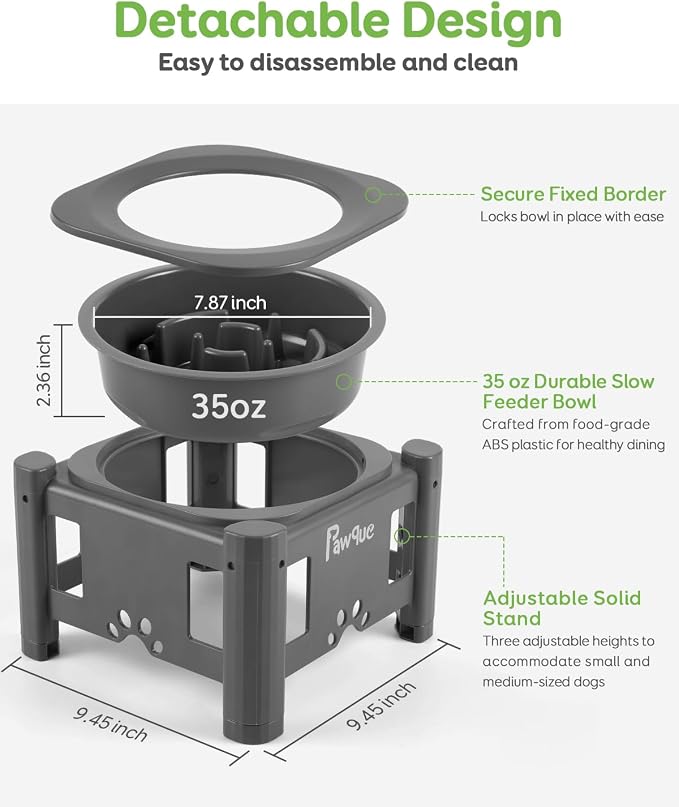 35oz Elevated Slow Feeder Dog Food Bowls with Adjustable Stand | 3 Heights (6.1", 7.7", 9.3"), Raised Dog Bowls for Medium and Small Breed Dogs Cats, Non Slip Rubber & Mess Proof