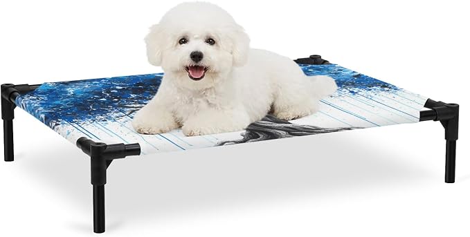 Outdoor Elevated Dog Bed for Medium Dogs, Blue Trees Breathable Cooling Raised Dog Cot for Indoor/Outdoor, Boho Nature Branch Leaf Plants Landscape Waterproof Elevated Pet Beds, M 24 x 20 in
