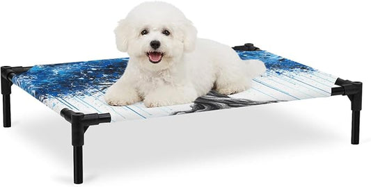 Outdoor Elevated Dog Bed for Medium Dogs, Blue Trees Breathable Cooling Raised Dog Cot for Indoor/Outdoor, Boho Nature Branch Leaf Plants Landscape Waterproof Elevated Pet Beds, M 24 x 20 in