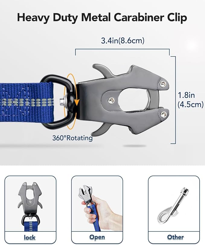 Joytale Tactical Bungee Dog Leash, Shock Absorbing No Pull, Navy Blue | For Large Dogs That Pull, 2 Padded Handles for Control, Car Seatbelt Clip, Reflective for Night Safety, Metal Frog Clip