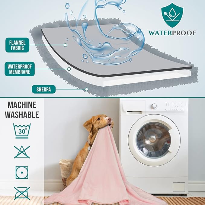 PetAmi Waterproof Dog Blanket for Extra Large Dogs, Pee Proof Pet Blanket for Bed Couch, Reversible Water Proof Blanket for Puppy Indoor Cat, Soft Dog Crate Cover Washable, Queen 90x90 Pink