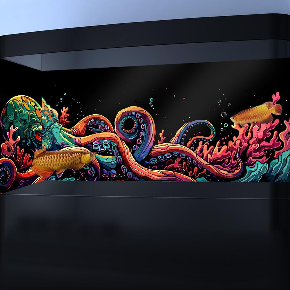 36X20IN Blacklight Octopus Sea Monster HD 3D Black Light Aquarium Background UV Reactive Background Terrarium Background with 10 EVA Double-Sided Tape