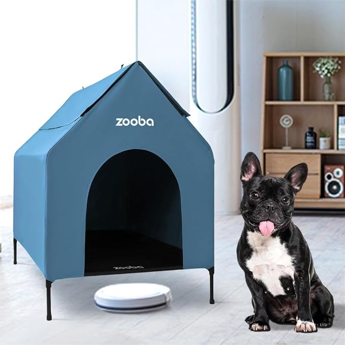 Zooba 29in Medium Dog House Outdoor, Elevated Dog Bed with Canopy, Blue | Weather-resistant 600D PVC canopy, breathable 2x1 Textilene elevated bed, steel frame; indoor or outdoor; easy to clean