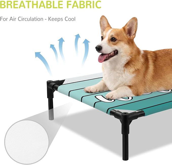 Outdoor Elevated Dog Bed for Medium Dogs, Teal Green Wooden Grain Breathable Cooling Raised Dog Cot for Indoor/Outdoor, Gradient Farmhouse Wood Plank Waterproof Elevated Pet Beds, M 24 x 20 in