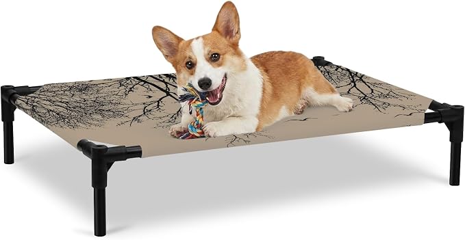 Outdoor Elevated Dog Bed for Large Dogs, Brown Black Branches Breathable Cooling Raised Dog Cot for Indoor/Outdoor, Botanical Dead Tree Birds Waterproof Elevated Pet Beds, L 28 x 22 in