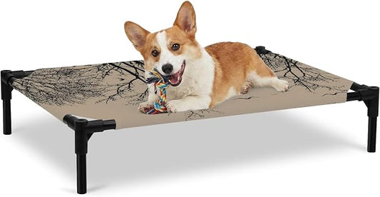 Outdoor Elevated Dog Bed for Large Dogs, Brown Black Branches Breathable Cooling Raised Dog Cot for Indoor/Outdoor, Botanical Dead Tree Birds Waterproof Elevated Pet Beds, L 28 x 22 in