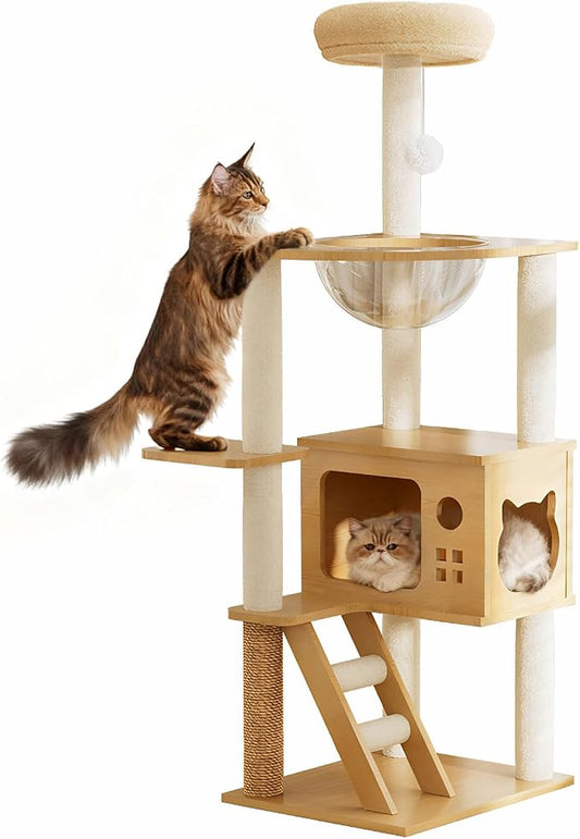 Modern Cat Tower, Wood Cat Tree Tower for Indoor Cats, Cat Tree with Sisal-Covered Scratching Posts and Soft Top Perch, 48.8'' Cat Condo with Acrylic Hammock for Small Large Cats