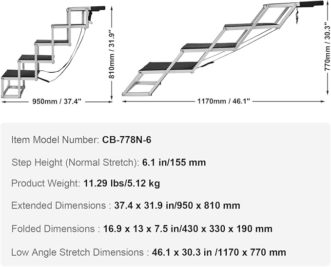 VEVOR Dog Stairs for Car Wide 5-Steps,Folding Dog Car Ramp with Nonslip Surface, Portable Pet Steps Lightweight Aluminum for Car, SUV and Truck, Supports up to 150 lbs