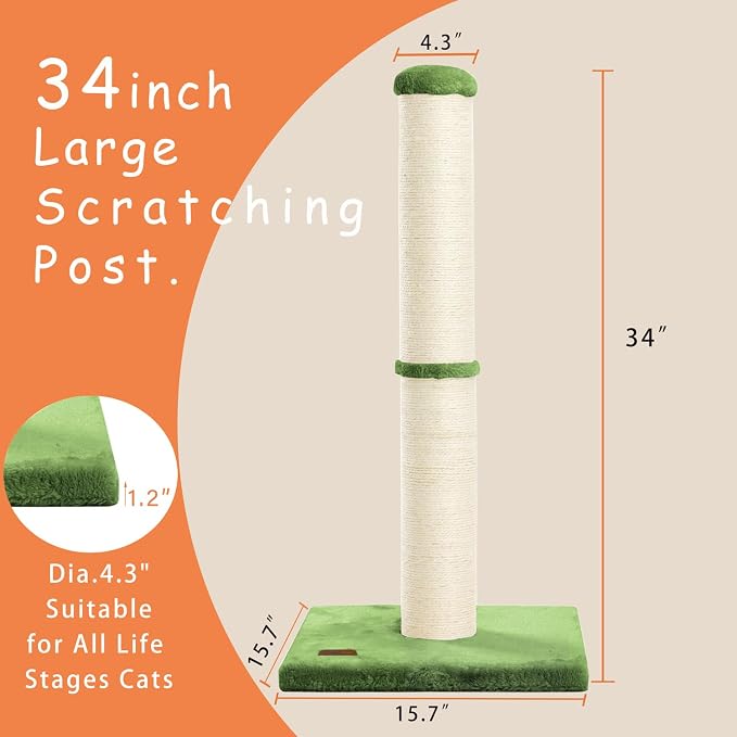 Karolpar 34inch Cat Scratching Post with Natural Sisal Rope 4.3Inch Large Diameter Scratcher Post Tree for Indoor Cats Green