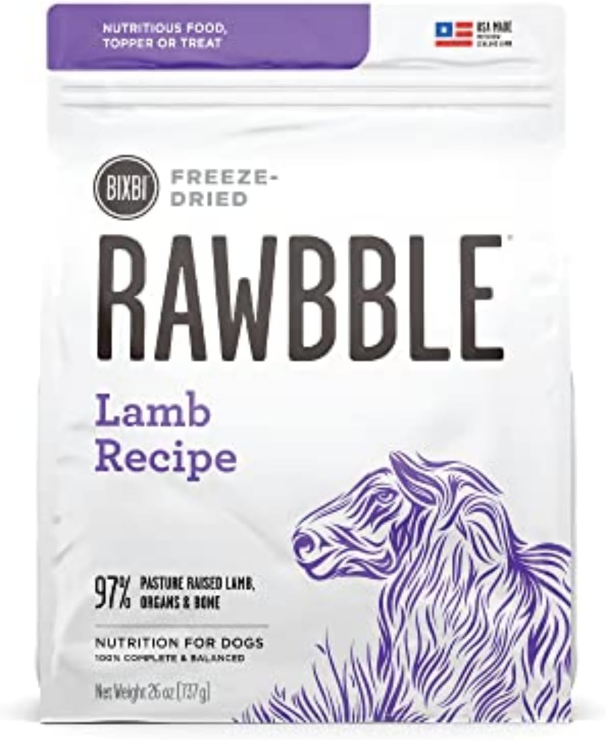 BIXBI Rawbble Freeze Dried Dog Food, Lamb Recipe, 26 oz - 97% Meat and Organs, No Fillers - Pantry-Friendly Raw Dog Food for Meal, Treat or Food Topper - USA Made in Small Batches