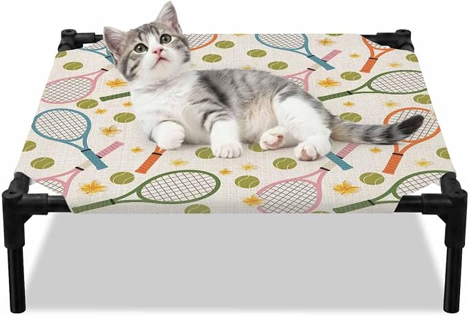 Outdoor Elevated Dog Bed for Small Dogs, Tennis Rackets Breathable Cooling Raised Dog Cot for Indoor/Outdoor, Farmhouse Flowers Ball Sports Theme Waterproof Elevated Pet Beds, S 20 x 20 in