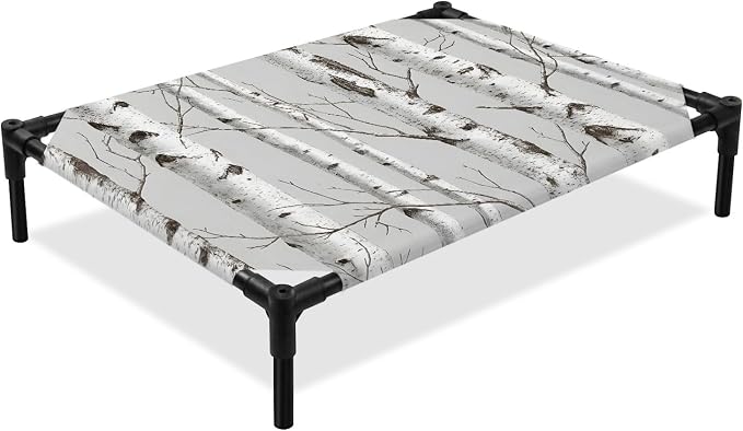 Outdoor Elevated Dog Bed for Medium Dogs, White Branch Breathable Cooling Raised Dog Cot for Indoor/Outdoor, Natural Tree Forest Country Mottled Trunk Plants Waterproof Elevated Pet Beds, M 24 x 20 In
