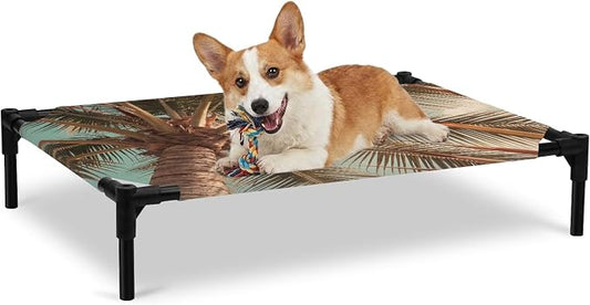 Outdoor Elevated Dog Bed for Large Dogs, Summer Palm Tree Breathable Cooling Raised Dog Cot for Indoor/Outdoor, Tropical Plants Botanical Trees Waterproof Elevated Pet Beds, L 28 x 22 in