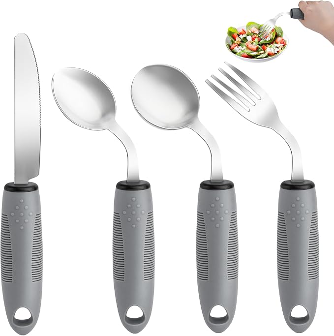 AuntyFey Weighted Adaptive Utensils, 4Pcs Weighted Utensils for Hand Tremors, 45°Angled Parkinsons Utensils for Elderly, 3.5oz Weighted Built Up Utensils for Adults, Disabled, Parkinson, Right-Handed
