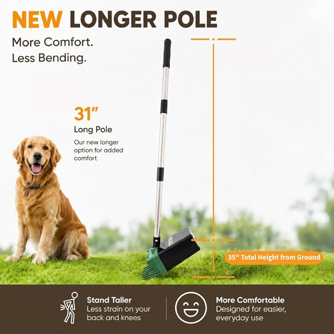Neater Pet Brands Lift N’ Bag 2.0 Dog Pooper Scooper with Bag Attachment & 31" Pole for Small to Large Dogs, New Longer Pole, 195 Refill Bags, Heavy Duty Dog Poop Scooper for Yard, One-Hand Use