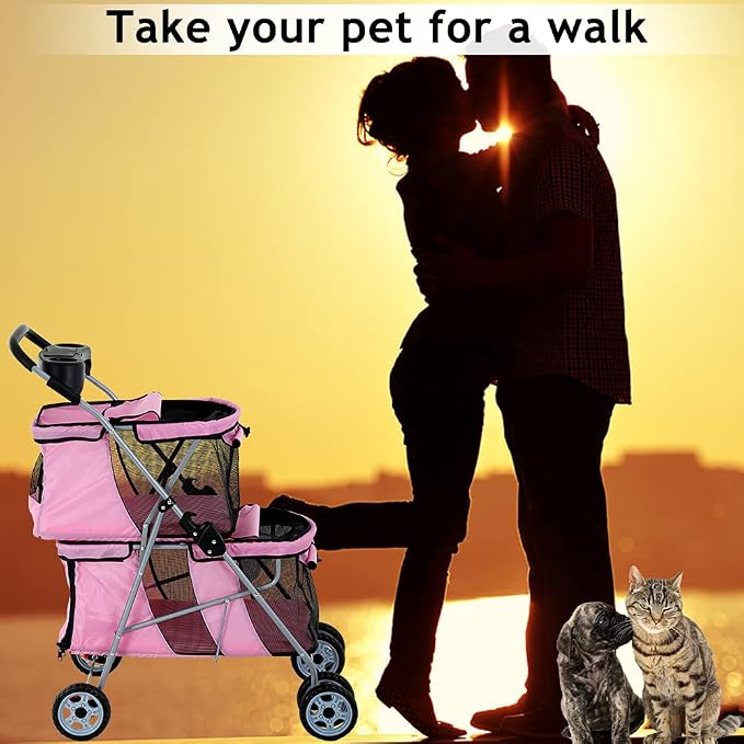Double Pet Stroller for Small Medium Dogs, 4 Wheels Folding Travel Carrier Cage with Cup Holder for 2 Doggie Puppy Or Two Kitty, Pink