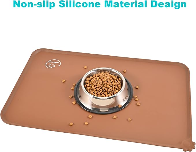 Silicone Waterproof Dog Cat Pet Feeding Mats, Non Slip, Easy Clean Pet Dog Cat Bowl Mats Placemat (24" x 16") Brown