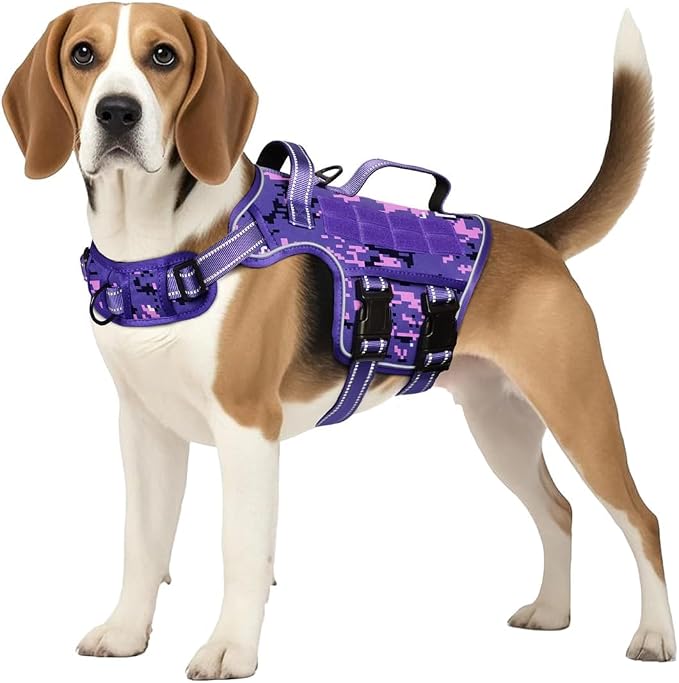 Dog Harness Medium Sized Dog, No Pull Dog Vest with Molle System | Tactical, Easy Control With Handle, Breathable Soft Padded, Adjustable, Reflective, No Choke for Walking, Purple Camo Medium