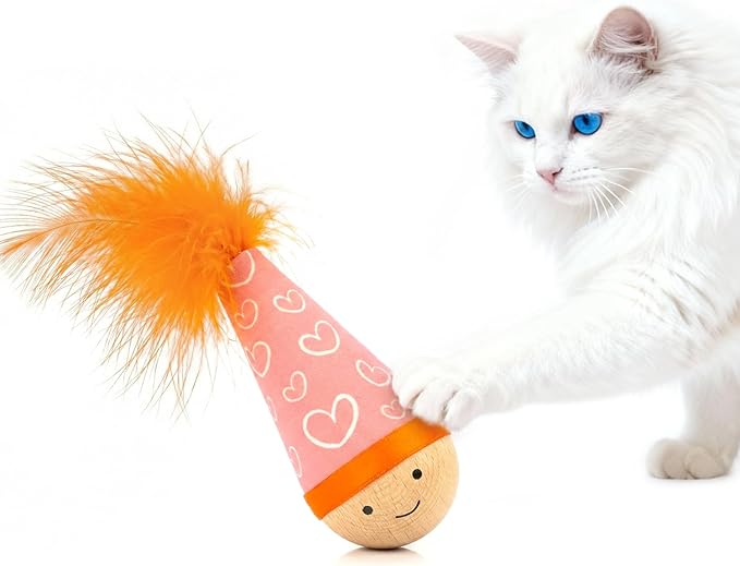 Lulu's world Wooden Interactive Cat Toy with Catnip - Niuniu Tumbler Wobble Toy for Indoor Cats, Self-Righting Chaser with Orange Feather (Pink)