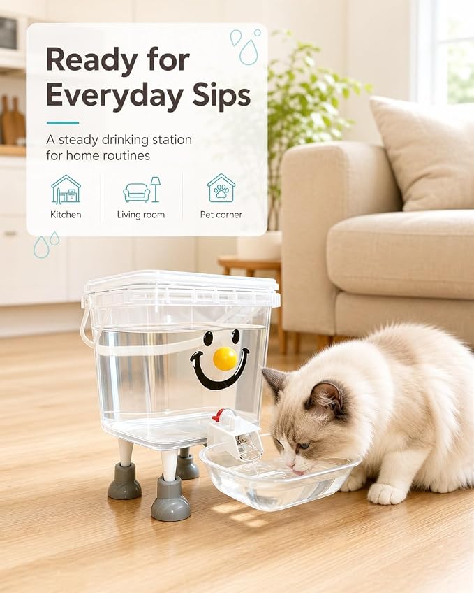 Pet Water Dispenser with Large Capacity Elevated Gravity Bowl for Dogs Cats | Clear plastic tank on sturdy raised stand feeds wide tray indoors outdoors daily hydration nopower cord refillable easy clean