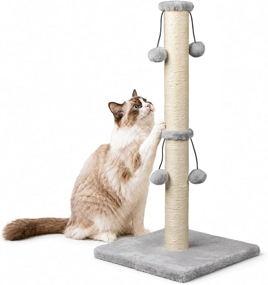 Dimaka 34'' Cat Scratching Post, Cat Scratching Post, Cat Scratcher for Large Cats with Teasing Toy Ball, Natural Sisal White and Grey (Grey)
