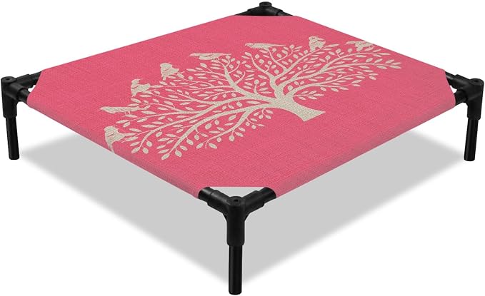 Outdoor Elevated Dog Bed for Small Dogs, Black Tree Breathable Cooling Raised Dog Cot for Indoor/Outdoor, Birds Vintage Farmhouse Pink Waterproof Elevated Pet Beds, S 20 x 20 in