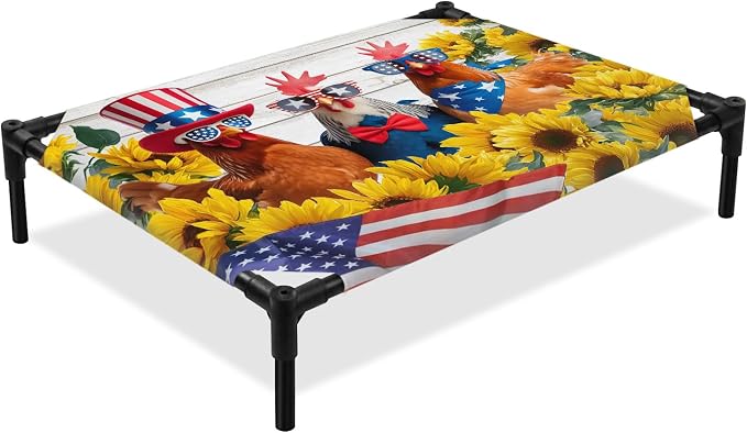 Outdoor Elevated Dog Bed for Medium Dogs, Sunflower Independence Day Breathable Cooling Raised Dog Cot for Indoor/Outdoor, 4th of July Rooster Wooden Waterproof Elevated Pet Beds, M 24 x 20 in