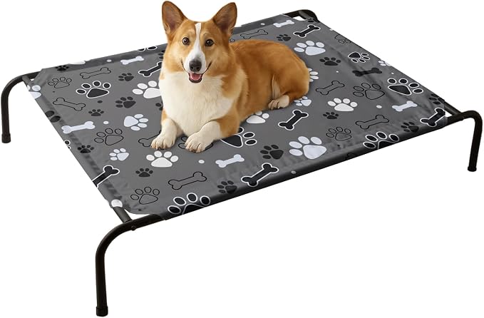 QOOMO Elevated Dog Bed with Cooling Fabric, Pet Cot for Small and Big Dogs, Indoor and Outdoor Use, Joint Relief, Cute Printed Cushion Included (Black Paw Prints, 35.43" L*25.59" W*8.27" Th)