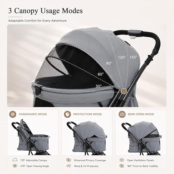 MUTTROS Pet Stroller for Small Medium Dogs & Cats Up to 66lbs, One Click Fold Dog Stroller, Large Cat Stroller w/All Terrain Shock Absorbing Wheels, Reversible Handle, Removable Washable Pad, Grey