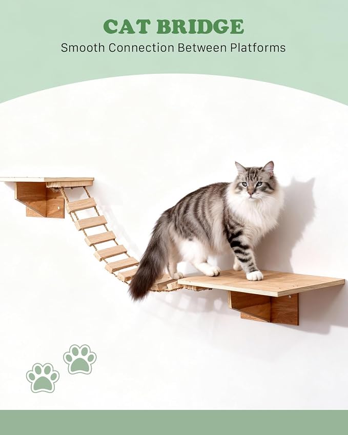 6 in 1 Solid Wood Cat Wall Shelves for Play & Rest, up to 33 lbs | Space-Saving, Cat Wall Furniture Set with Cat Bridge, Wall Condo, Hammock, Steps, Climbing Post & Scratching Pad