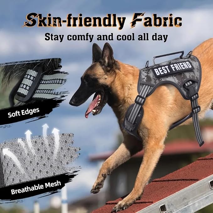 Tactical Dog Harness with Leash for Large Dogs, No Pull Adjustable Dog Harness, Reflective K9 Working Pet Vest for Walking, Training (Camouflage Grey, S)