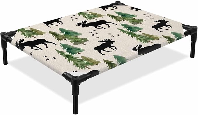 Outdoor Elevated Dog Bed for Large Dogs, Black Green Moose Breathable Cooling Raised Dog Cot for Indoor/Outdoor, Modern Animals Trees Rustic Waterproof Elevated Pet Beds, L 28 x 22 in