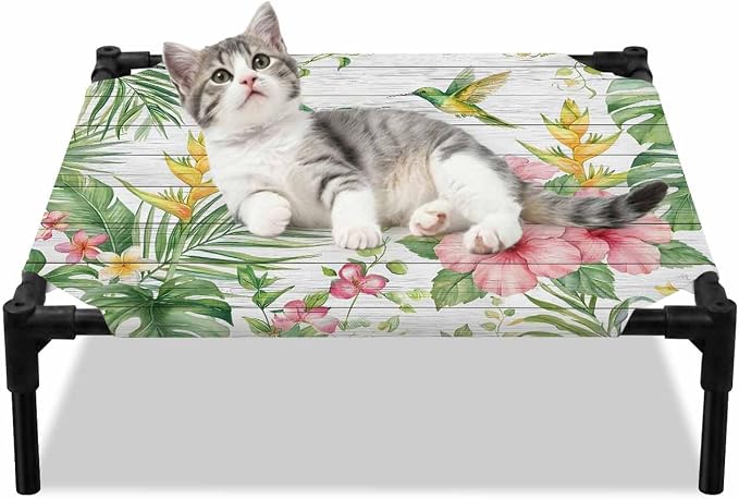 Outdoor Elevated Dog Bed for Small Dogs, Summer Hummingbirds Breathable Cooling Raised Dog Cot for Indoor/Outdoor, Farmhouse Floral Palm Leaves Wooden Waterproof Elevated Pet Beds, S 20 x 20 in