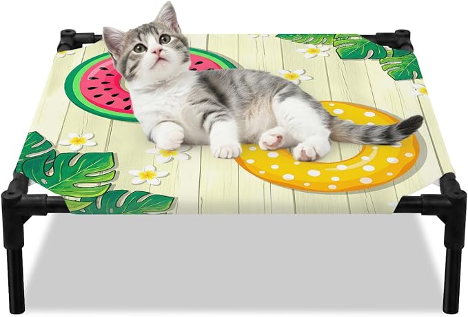 Outdoor Elevated Dog Bed for Small Dogs, Summer Swimming Rings Breathable Cooling Raised Dog Cot for Indoor/Outdoor, Floral Plumeria Yellow Wooden Waterproof Elevated Pet Beds, S 20 x 20 in