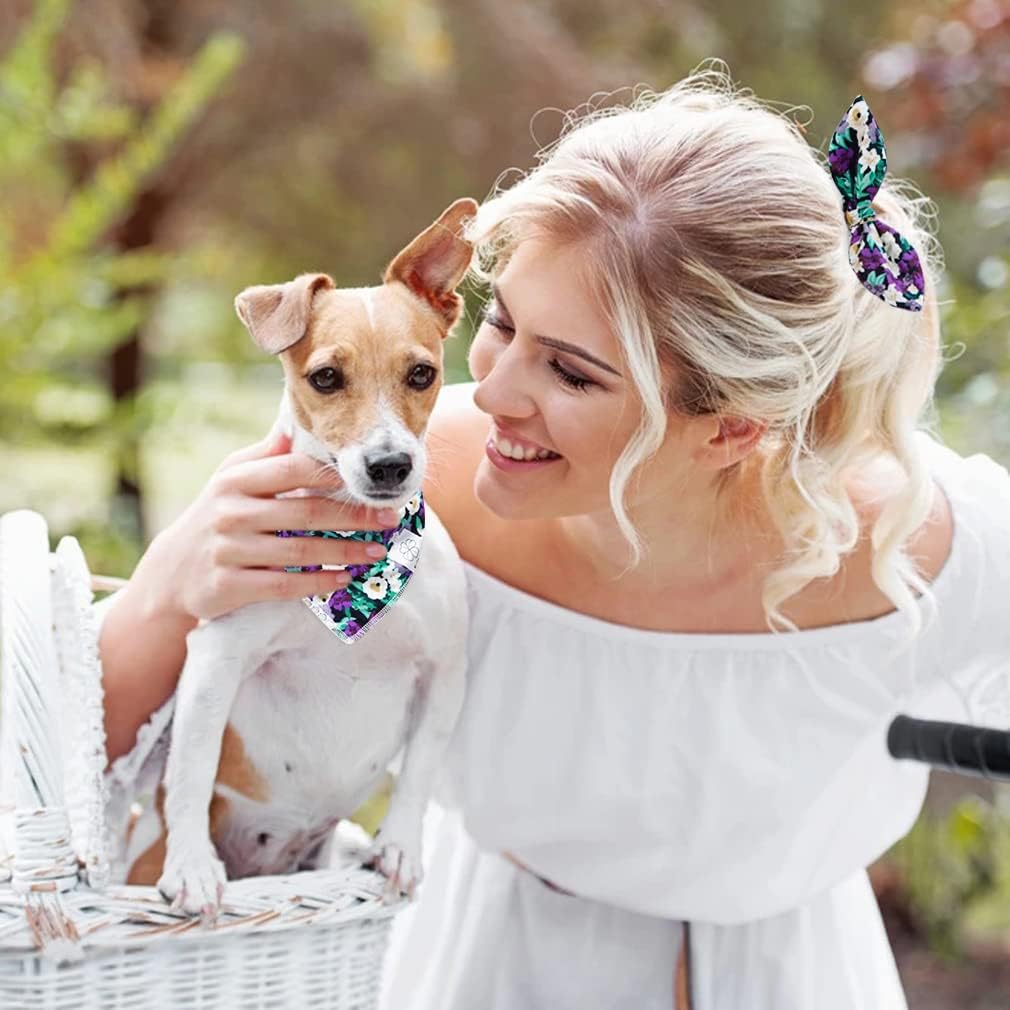 E-Clover Dog Bandanas & Matching Scrunchie Set Dog Bandana Scarf Bibs Washable Kerchief for Small Dogs Puppy & Pet Owner Purple Halloween Accessories