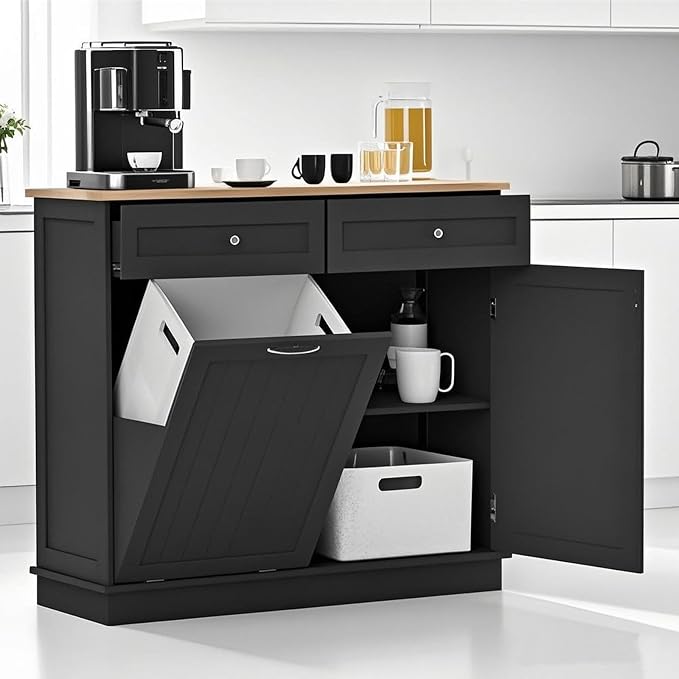 POWERSTONE Hidden Tilt Out Trash Cabinet Kitchen Island with 2 Drawers & Adjustable Shelf, Rubber Wood Countertop, Freestanding Laundry Hamper Recycle Bins, Pet Proof Garbage Can Holder Black