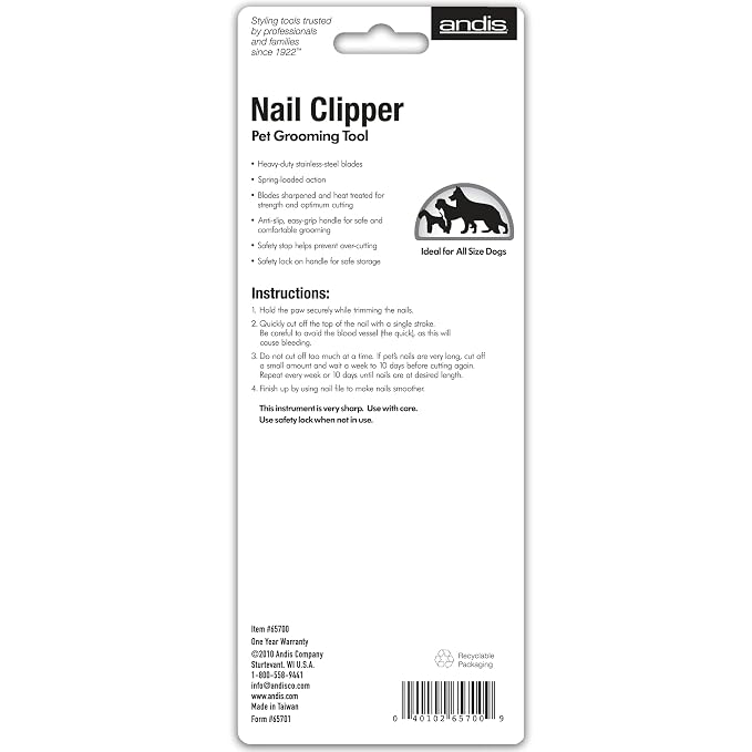 Andis 65700 Animal Nail Cutter for Small Breeds - Stainless Steel Blades with Sharp Efficiency - Designed for Repeated Use & Recommended by Pet Trainers – Medium Size & White/Green